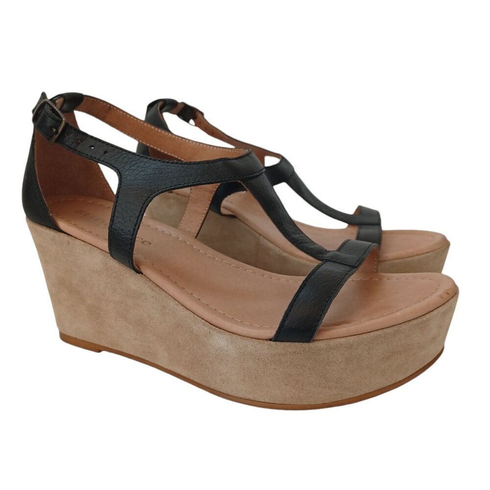 Sundance Wedge Black Tan Leather Strappy Open Toe Ankle‎ Buckle Womens 6 or 37